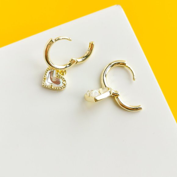 Ari Heart Gold Dichroic Glass Huggie Earrings - Picture 3 of 3